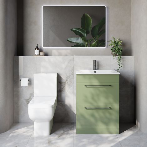 Napoli 460 Olive Green 600mm 2 Drawer Vanity Unit and Tacoma Comfort Height Toilet Suite with Angel Basin - 600mm - Gunmetal Grey 320mm Handle