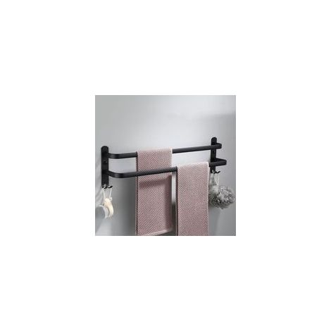 Porte-serviettes mural avec 2 crochets porte-serviettes salle de bain porte-serviettes en aluminium pour salle de bain et cuisine noir 2 niveaux 40 cm (1/5)