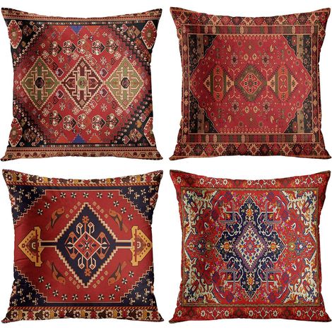 Lot de 4 Housses de Coussin Rouges et Noires à Motif Tribal Vintage, Taies de Coussins Décoratives Style Perse, Coussin Carré 45x45 cm pour Salon, Décoration Maison, Tissu Floral (1/5)