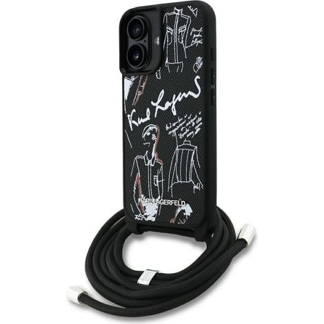 Funda Karl Lagerfeld para iPhone 16 con estampado granulado y logotipo, color negro. (1/5)