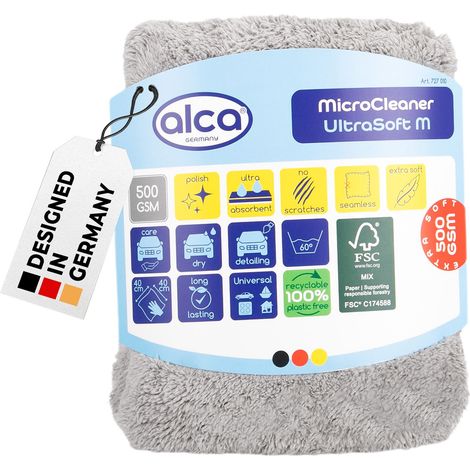 alca® Mikrofasertuch 40x40 cm grau 500 GSM - Extrem Weich für Empfindliche Oberflächen I Poliertuch weich schonend saugstark Autopflege Reinigung Lackpflege Trocknung innen außen (1/5)