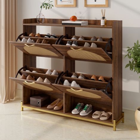 Meuble à Chaussures 4 Trappes, 108.5 x 24 x 100 cm, avec 4 Trappes, Finition Rotin, 2 Étagères Ouvertes, Poignées Dorées, Noyer (1/5)