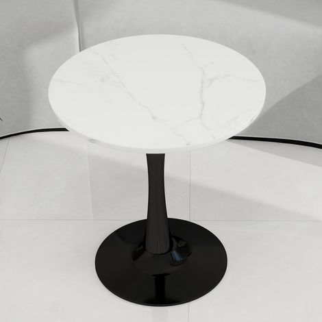 Table basse noire de 27,6 pouces, table à manger de style moderne du milieu du siècle, adaptée pour 2 à 4 personnes, avec un plateau rond en marbre à veinage blanc, idéale pour divers espaces. (1/5)