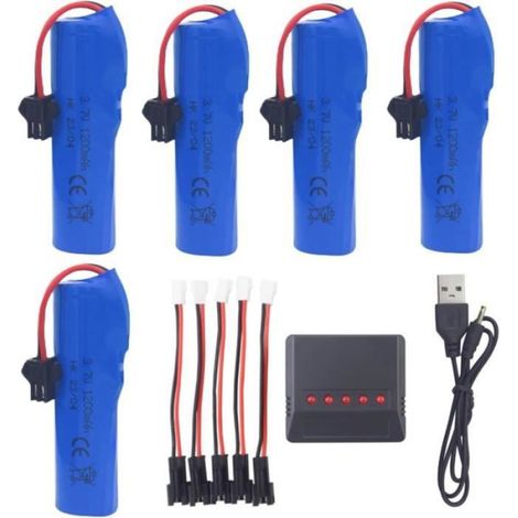 5 Batteries Lithium-polymère, Chargeur 5-en-1, 3.7V 1200mAh, Pour Voiture Télécommandée Tout-Terrain (1/4)