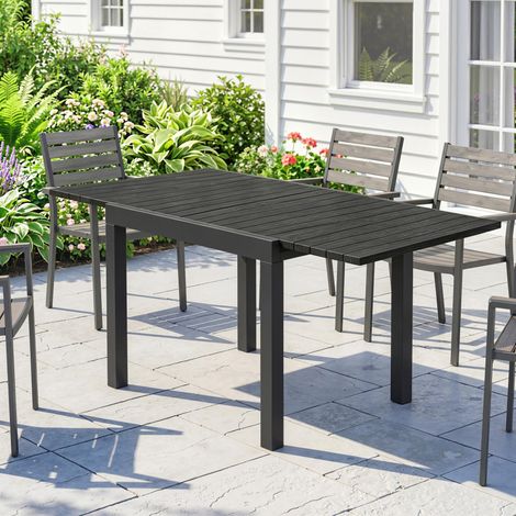 Table de jardin extensible pour 4-6 personnes avec rallonge auto-stockée aluminium avec effet bois 80-160 x 80 cm noir (1/5)