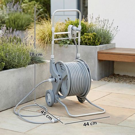 45 m Schlauchtrommel mit 2 Düsen, Wasserhahnadapter, Kurbel und 2 Rädern – 45 x 44 x 78 cm – Grau
