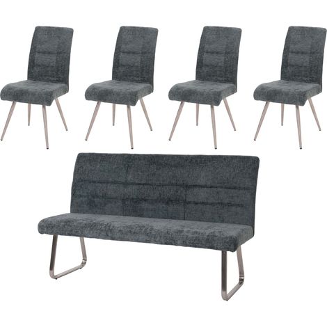 Set de salle à manger HWC-G55, set de 4 chaises + banc 180cm, inox brossé tissu/textile chenille bleu-vert (1/2)