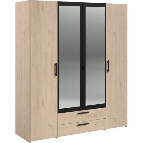 Armoire 4 portes 2 tiroirs aspect bois avec miroir encadrement noir - AMAEL (1/5)