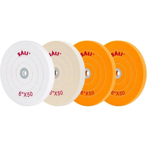 Lot de 4 disques de polissage pour meuleuse d'établi, 15,2 cm, 2 en coton jaune, 1 coton blanc, 1 coton blanc (50 épaisseurs) pour tampon de polisseuse avec trou de tige de 1,27 cm (1/5)