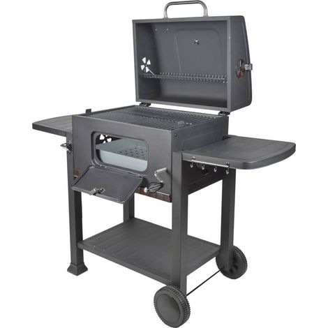 Habitat Et Jardin – Barbecue charbon de bois portable en acier noir – Grille chromée incluse – Dimensions 137 x 69 x 107.5 cm – Couvercle avec clapets de ventilation