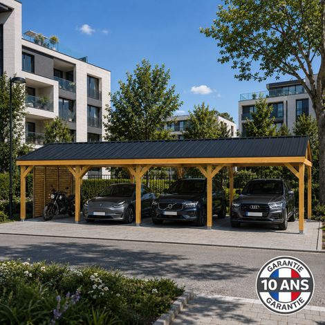 Carport bois 2 pentes en bois douglas 63 m², 10 poteaux. Abri voiture extérieur. Garantie 10 ans. (1/5)