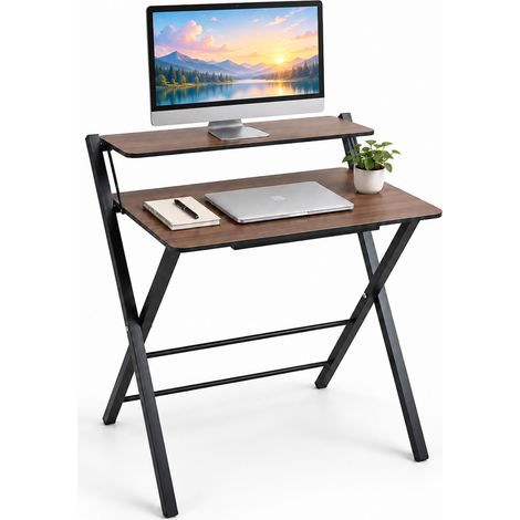 Relaxdays Mesa de Escritorio Plegable con Elevador de Monitor, Teletrabajo, Madera y Metal, 82x70x56 cm, Marrón y Negro (1/5)