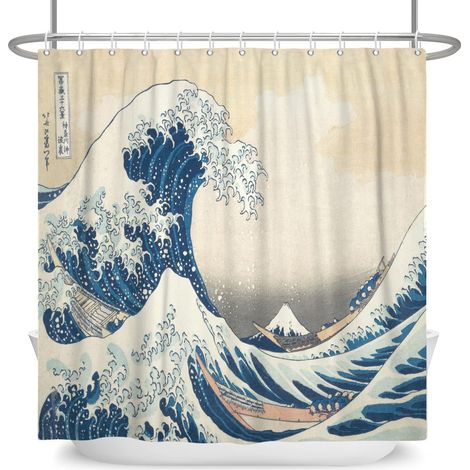 175x190cm Japonais Océan Vagues Rideau de Douche - Résumé Mer Bois Bateau Ukiyo-e Thème Fuji Mont pour Salle de Bains - Polyester avec Crochets