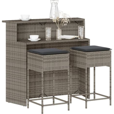 3-tlg. Gartenbar-Set mit Kissen Grau Poly Rattan