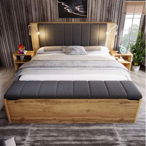 Cama doble 180x200 cm roble en MDF, metal y lino con almacenaje, mesitas, banco y luces USB (1/5)
