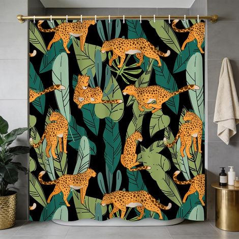 Rideau de Douche 150x200cm, Motif léopard de la Jungle, Animaux Sauvages, Feuilles de Palmier Tropicales, décoratif pour Salle de Bain, résistant à l'eau, Accessoires de Baignoire (1/4)