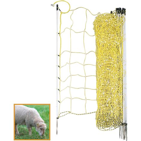 Filet électrifiable pour moutons 50m – 0,90m de hauteur – 14 piquets – 8 fils horizontaux – Couleur jaune pour visibilité – Ukal