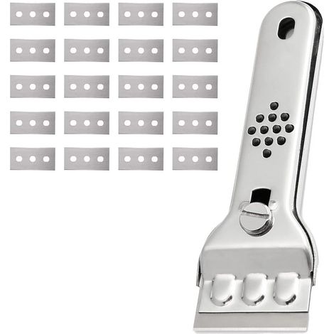Raspador de vidrio de acero inoxidable para placas vitrocerámicas, raspador para placas de inducción, raspador de pintura, raspador para placas vitrocerámicas con 20 cuchillas, para ventanas/espejos. (1/5)