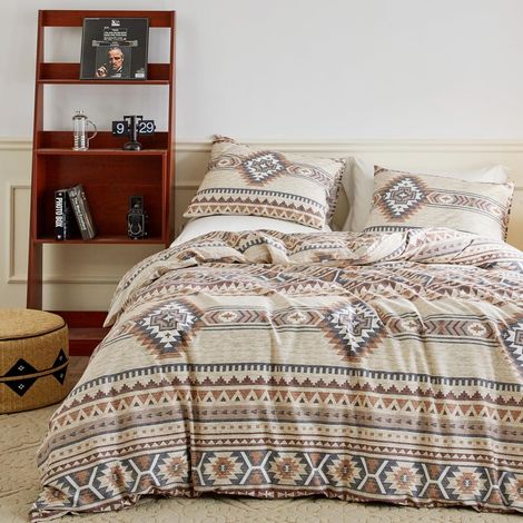 Parure de lit 3 pièces Vintage aztèque 100% Coton Marron géométrique 1 Housse de Couette à Motif Triangle bohème avec Fermeture éclair Attaches et 2 taies d'oreiller (1/5)