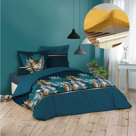 Pack housse de couette 220x240 cm Alianor + drap housse 140x190 Jaune (1/3)