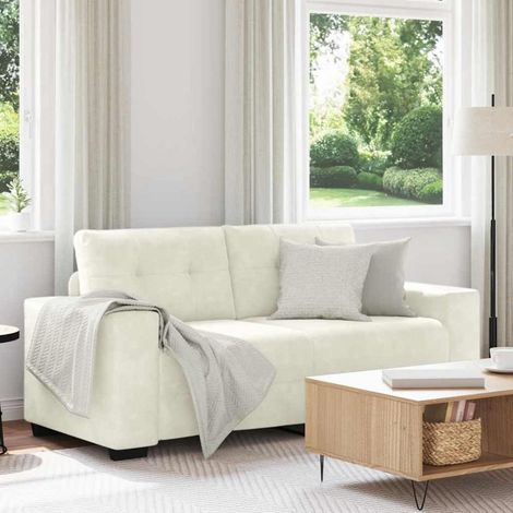 Zweisitzer-Sofa Creme 140 cm Samt mit Schlaffunktion und Holzarmlehnen (1/5)