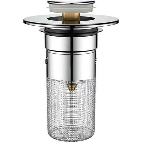 Bouchon de vidange pour lavabo salle de bain à poussoir avec panier filtre en acier inoxydable, diamètre 34-40 mm (1/4)