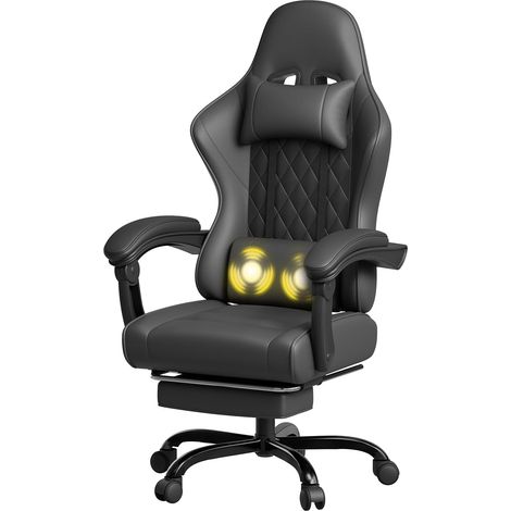 Chaise Gaming Ergonomique, Chaise de Bureau avec Fonction Massage, Fauteuil Gaming avec Repose-Pieds, 150 kg, Noir