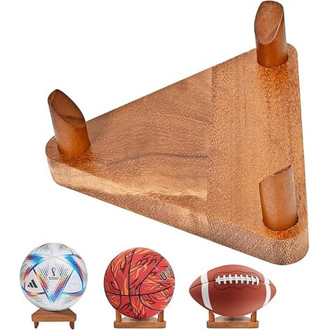 Ball Rack - Walnut Wood - For Basketball Football Volleyball - Dual-Side Display Stand - 1 Piece (1/3)