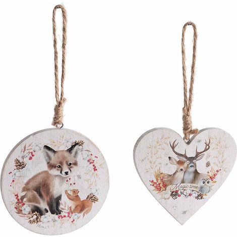 Decorazioni in legno da appendere tonde e a forma di cuore con stampa animaletti del bosco, renne, volpe e scoiattolo, set da 20 pezzi