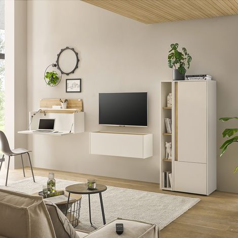 Wohnwand weiß mit Eiche CRISP-61 modern 4-teilig mit Homeoffice-Lösung (1/5)