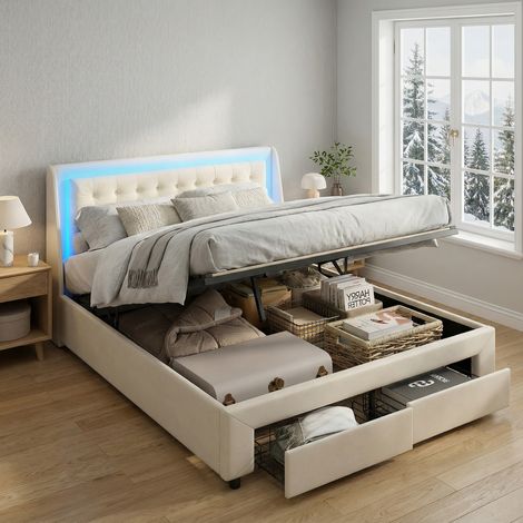 Lit coffre 140x190 avec sommier, 2 tiroirs, lit double capitonné avec éclairage LED RGB, lit adulte avec hydraulique, velours, style moderne/scandinave(140x190cm, Beige)