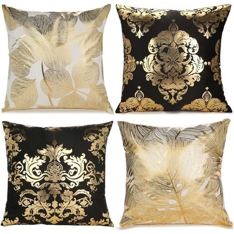 (Blanc et Noir/Or)Housses de Coussin - AMOUNE - Lot de 4 - 45x45 cm - Géométrie Moderne - Blanc et Noir/Or (1/4)