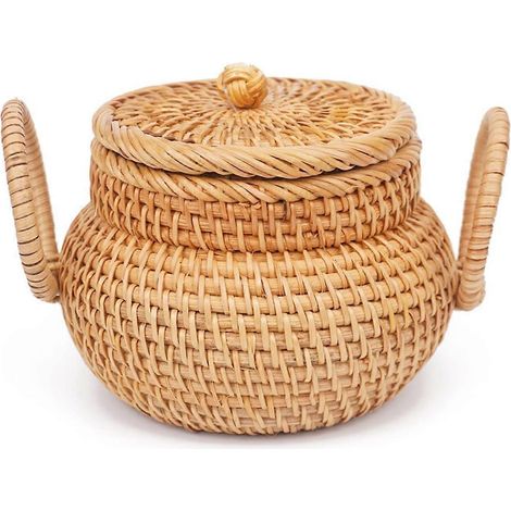 Petit panier en rotin avec couvercle, panier de rangement en rotin avec poignée-- (1/5)