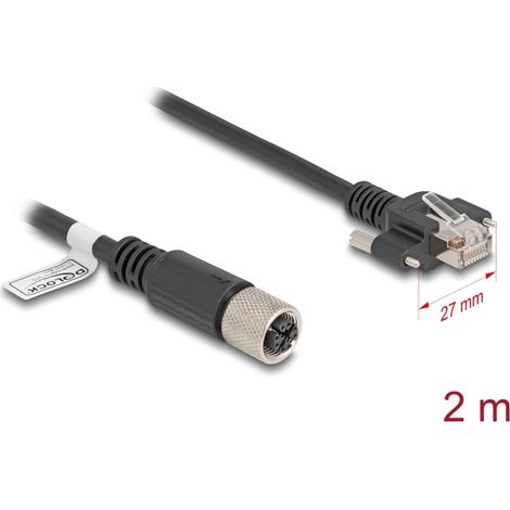 Delock M12 Cable X codificado 8 pines hembra a RJ45 macho con tornillos Cat.6A S/FTP 2 m negro