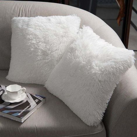 Lot de 2 Housse de Coussin Fourrure Moelleux Doux en Peluche Coussins Carré Décoratif pour Salon Canapé Chambre Voiture 45x45 Blanc