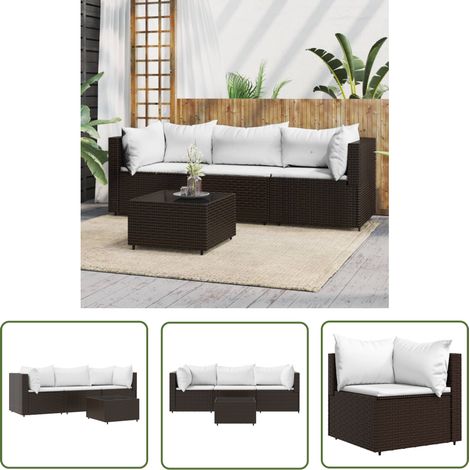 The Living Store Salon de jardin 4 pcs avec coussins Marron Résine tressée - Salon De Jardin - Mobilier Extérieur - Canapé D'angle - Set De Salon - Table Basse (1/5)