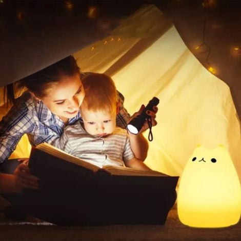 Veilleuse chat mignonne pour enfants, 7 couleurs LED, lampe de chevet rechargeable USB (1/5)