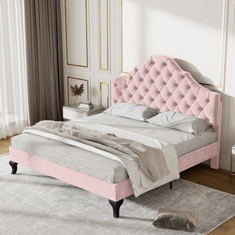 Lit double 140x200 capitonné avec tête de lit réglable, sommier à lattes bois et velours rose - Montage facile (sans Matelas) (1/5)