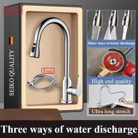 (Ensemble argenté 3-G1/2) Robinets de cuisine en cuivre fin gris anthracite, robinet extractible pour évier de cuisine, robinet pivotant eau chaude/eau froide pour lavabo et lavabo (1/5)