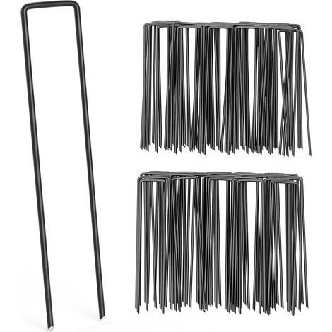 100 Agrafes de Jardin Noires en Acier Galvanisé, Piquets U Dimensions 150x30mm Ø 3mm, Bouts Biseautés pour Gazon Synthétique, Tuyaux et Bâche de Paillage (1/5)