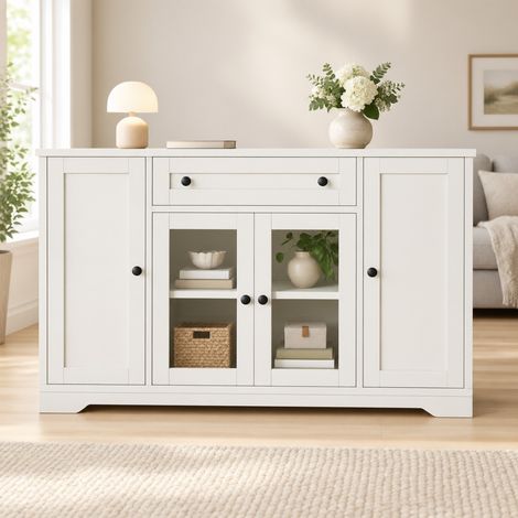 Aparador blanco 138 x 40 x 83 cm con 4 puertas, 2 puertas de vidrio, 1 cajón OKMYHOME (1/5)