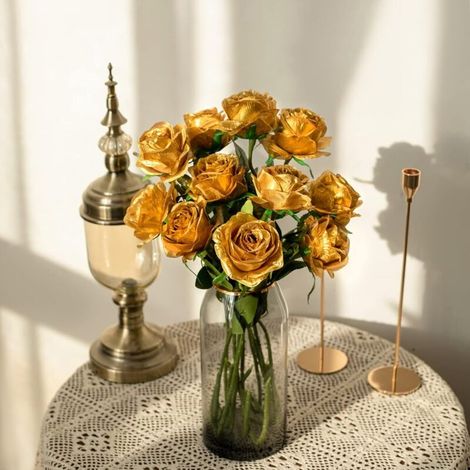 Juego de 12 rosas artificiales de seda (doradas) para decoración del hogar y fiestas de boda. (1/3)
