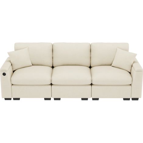 Canapé Droit 3 places,Multifonctionnel En Chenille,Avec Port USB et Porte-gobelets,242×80×88 cm,Beige