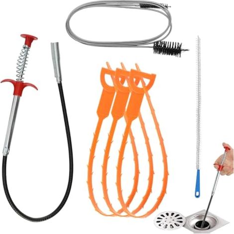 Outil de nettoyage de canalisations, outil de retrait de bouches de canalisation, extracteur de bouchons de canalisations (1 pièce), extracteur de poils de serpent (3 pièces), brosse de nettoyage (1 (1/5)