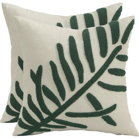 JSSEVN - Set of 2 Simple Tufted Leaf Pillowcases 45x45cm Cotton Garden Cushion Cover for Bedroom, Farmhouse Style, Sofa, Living Room, Home Decoration (1/5)