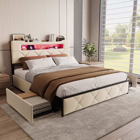 Lit 140 x 190 avec sommier, lit deux place, lits et cadre de lit pour adulte, 4 Tiroirs,USB,LED,tête de lit Rangement, Velours Beige