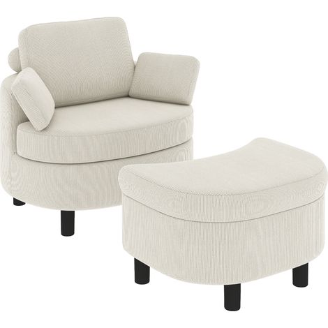 Beyamis Fauteuil pivotant avec pouf de rangement, coussins blancs crème (1/5)