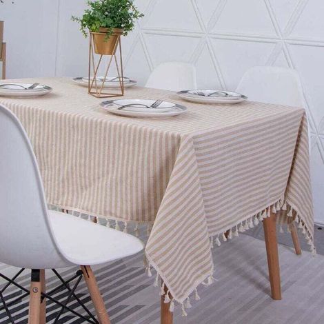 Rectangular Cotton Linen Striped Tassel Tablecloth, Washable, Oil Resistant, Stain Resistant, Easy Care, Tablecloths for Indoor and Outdoor Use, Garden, Dining Room and Celebrations, 100x140cm (1/4)