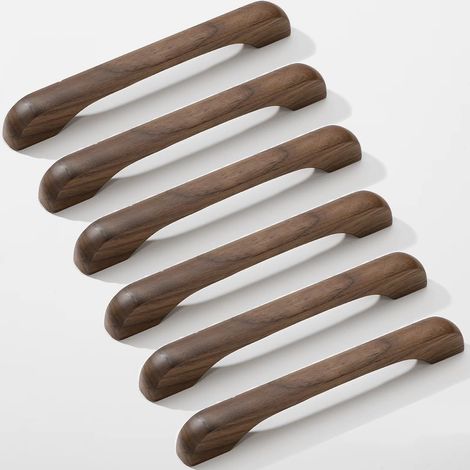 Poignées de Meuble Bois 6 Pièces - Poignées Tiroir Arc en Noyer avec Vis, Entraxe 160mm pour Placards Cuisine (1/5)