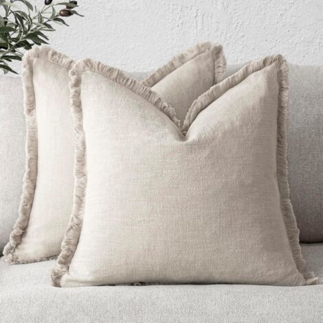 Lot de 2 housses de coussin décoratives en lin à franges, style bohème, avec pompons, douces et décoratives, pour canapé, lit, salon, décoration d'intérieur, 45 x 45 cm, beige